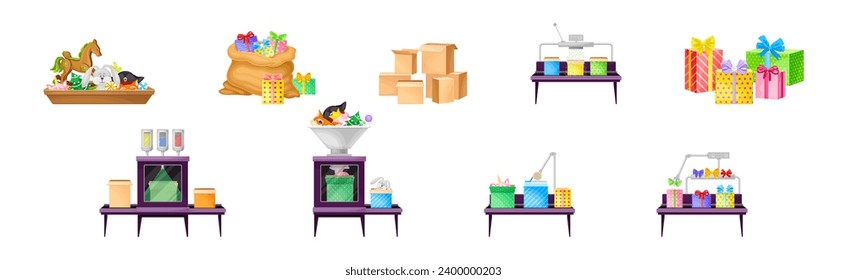 Gift Box and Present Wrap on Conveyor Belt Vector Set