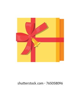 Gift box present wrapped package icon top view vector illustration. Packed holiday boxing with red bow and ribbon decorated by bell isolated on white