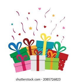 The gift box presents are isolated in white. Colorful wrapped. Sale, shopping concept. Collection for Birthday, Christmas. For Vector Cartoon flat design