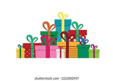 Die Geschenkbox Geschenke sind einzeln auf Weiß. Farbenfroh verpackt. Verkaufs- und Einkaufskonzept. Sammlung zum Geburtstag, Weihnachten. Für Vector Cartoon flaches Design.
