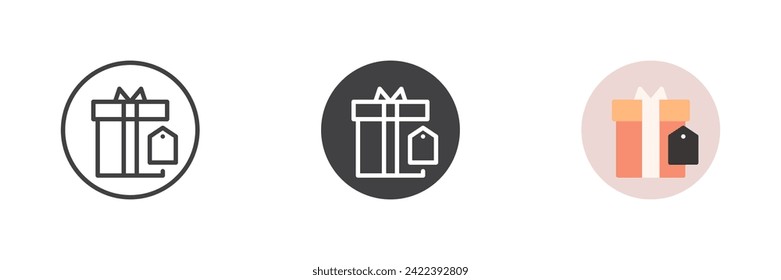 Gift box with price tag different style icon set. Line, glyph and filled outline colorful version, outline and filled vector sign. Symbol, logo illustration. Vector graphics