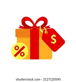 Caja de regalo con ilustración de vector de etiqueta de precio aislada en fondo blanco adecuado para icono de descuento