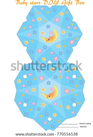 Gift Box printable DIY template. Cartoon star and moon baby pattern.