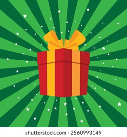 Gift box prize received vector isolated on green sunburst background, happy lucky win present perks, surprise giveaway promotion sale marketing