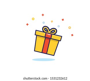 Gift box with prizes exploding with sparkles and confetti. Vector flat icon illustration for birthday, christmas, promotions, contests, marketing, etc