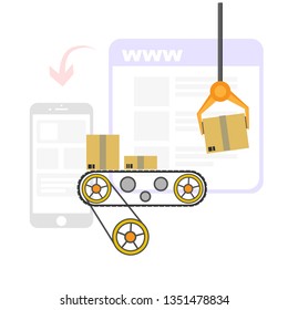 Gift box production factory machine. Vector illustration design. .Конвейерная система в плоской конструкции. Конвейер производственного склада. Векторная иллюстрация