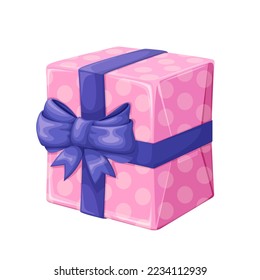 Gift box with purple silk bow and ribbon vector illustration. Cartoon isolated gift package wrapped in paper gift wrap with pink circle pattern, closed festive box to give as romantic present