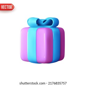 Gift box. Purple Square gift surprise. Decor for birthday, Christmas and new year. Realistic 3d design In plastic cartoon style. Icon isolated on white background. Vector illustration