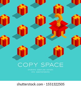 Gift box with question mark 3D isometric pattern, Christmas and Happy new year Surprise concept poster and banner square design illustration on green background with copy space, vector eps 10