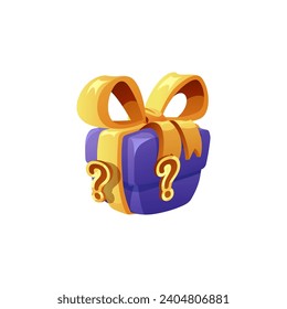 Gift box with question mark. Cartoon vector reward surprise gift box. GUI prize element for a game interface. Present package with ribbon for anniversary, birthday, holidays celebration