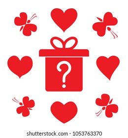 Gift box with question mark, hearts, butterflies. Valentine's Day Pattern. Anniversary, Birthday. Love. Sweet Moment. Wedding. Vector sketch illustration. Image for the designer.