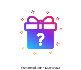Gift box with Question mark icon. Present or Sale sign. Birthday Shopping symbol. Package in Gift Wrap. Dynamic shapes. Gradient design secret gift icon. Classic style. Vector