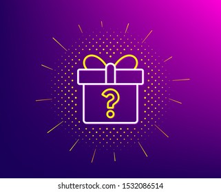 Gift Box With Question Mark Line Icon. Halftone Pattern. Present Or Sale Sign. Birthday Shopping Symbol. Package In Gift Wrap. Gradient Background. Secret Gift Line Icon. Vector