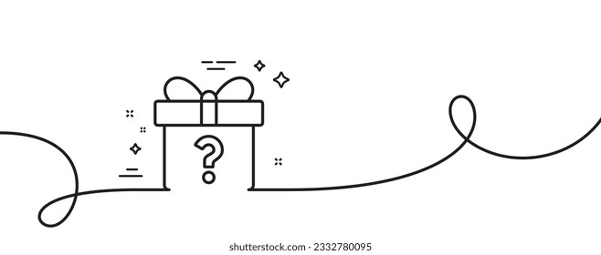 Gift box with Question mark line icon. Continuous one line with curl. Present or Sale sign. Birthday Shopping symbol. Package in Gift Wrap. Secret gift single outline ribbon. Vector