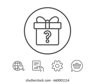 Gift box with Question mark line icon. Present or Sale sign. Birthday Shopping symbol. Package in Gift Wrap. Hold Report, Service and Global search line signs. Shopping cart icon. Editable stroke