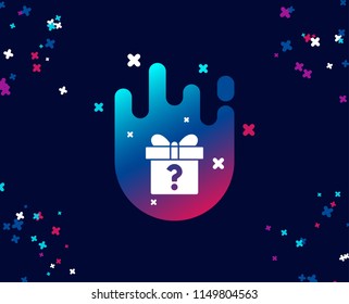 Gift box with Question mark simple icon. Present or Sale sign. Birthday Shopping symbol. Package in Gift Wrap. Cool banner with icon. Abstract shape with gradient. Vector