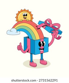 caixa de presente arco-íris aberto groovy desenho animado ilustração