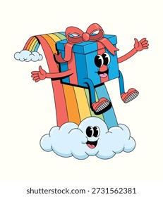 gift box rainbow slide groovy cartoon illustration