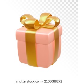 Gift box. Realistic 3d pink gift box with gold bow isolated on white background. Holiday decoration present. Festive gift surprise. Vector illustration.