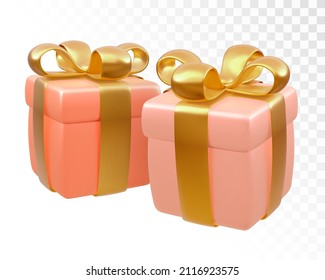 Gift box. Realistic 3d pink gift boxes with gold bow isolated on white background. Holiday decoration present. Festive gift surprise. Vector illustration.