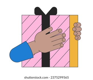 Gift box receiving linear cartoon character hand illustration. Getting present outline 2D vector image, white background. Holding birthday box. Build customer loyalty editable flat color clipart