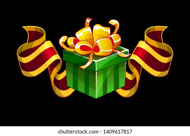 Gift box with red award ribbon. Cartoon isometric Gifts vector bonus icons for UI game resources.