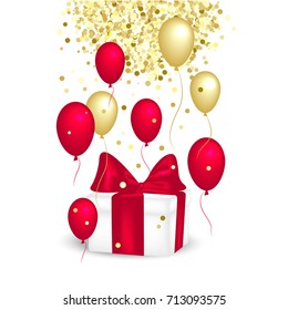 Gift box with a red bow, balloons and golden glitter.