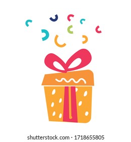 Gift box with red bow and confetti. Symbols of the holiday and congratulations. Vector illustration of a comic