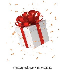 Gift box with a red bow, gold falling confetti, Christmas decoration. New year banner. Vector EPS 10