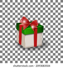caja de regalo con arco rojo y capucha verde en la parte posterior transparente