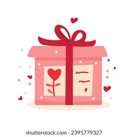 Caja de regalo con arco rojo y corazones. Ilustración vectorial en estilo plano.