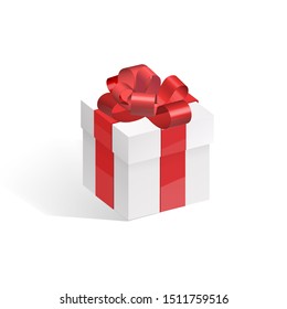 Gift box with red bow isolated on white background. Realistic vector illustration.
