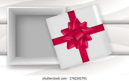 Caja de regalo con arco rojo sobre una tabla de madera. Ilustración de material vectorial para afiches