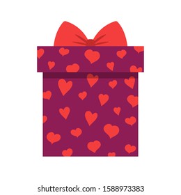 Gift box with red bow and pattern of hearts. Color flat vector illustration isolated on white background. Gift box with pattern vector icon for Valentines day, Mothers day, Birthday and wedding