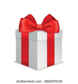 Caja de regalo con arco rojo. Modelación de la visión de ángulo actual realista. 3.ª sorpresa del partido. Paquete festivo de cartón cerrado de Navidad o cumpleaños, vector aislado en objeto de fondo blanco