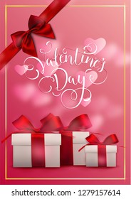 Gift box with red bow ribbon and heart on a pink background for Valentines day. - vector