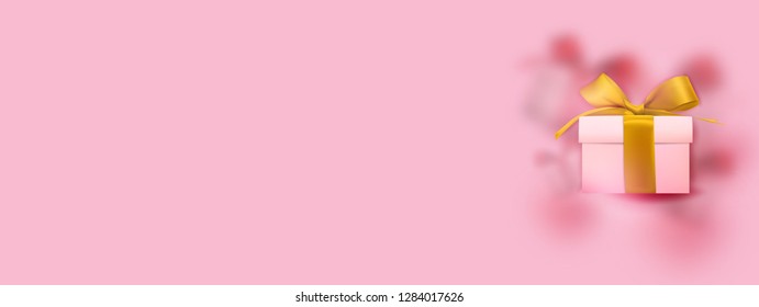 Gift box with red bow ribbon and heart on a pink background for Valentines day. Vector illustration.