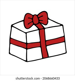 A gift box with a red bow and ribbon. Doodle style. A simple image of a closed box. Isolated vector on a white background.