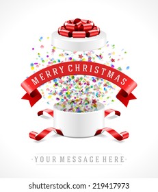 Caja de regalo y con fondo vectorial de arco rojo y cinta. Mensaje de navidad.