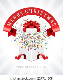 Gift box and with red bow and ribbon vector background. Merry christmas message.