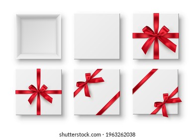 Gift box with red bow set. Blank open and closed present packaging with ribbon for Christmas, New Year, anniversary or wedding vector illustration. Festive empty package on white background.