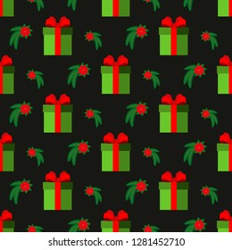 Gift box with Red bow. Vector illustration on black background. Seamless pattern. Can be used for design greeting card, invitation or banner. Flat design style. Swatch inside.