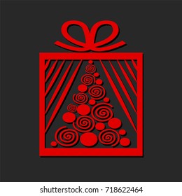 Gift box with red christmas tree on dark background, merry christmas ans happy new year card, stock vector illustration