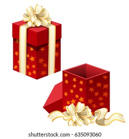 Gift box red color with beige ribbon bow isolated on white background. Vector cartoon close-up illustration.