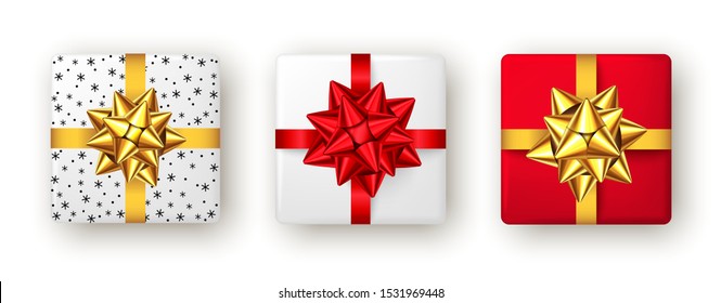 Gift box with red and golden ribbon and bow, top view. Christmas, New Year party, Happy birthday or Valentine day package design. Present isolated on white background. Vector.