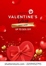 Gift box red heart, Happy Valentine's day sale, with rose petals, poster design on red background, EPS10 Vector illustration.
