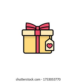 Gift box with red heart icon flat. Love stories symbol. Valentines day concept. Vector on isolated white background. Eps 10 vector