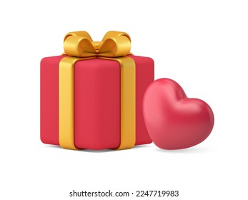 Caja de regalo corazón rojo San Valentín adornado fiesta decoración elemento Icono 3d ilustración vectorial realista. Premium regalo románticas vacaciones enhorabuena el diseño sorpresa de cartón