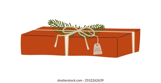 A gift box in a red package decorated with pine branches. A flat vector illustration isolated on a white background.