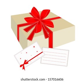Gift Box with Red Ribbon and A Blank Gift Card, A Perfect Gift or Present for Someone Special. 